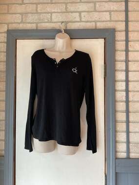 Calvin Klein Sleepwear Ribbed Henley Long Sleeve Shirt Black Size M